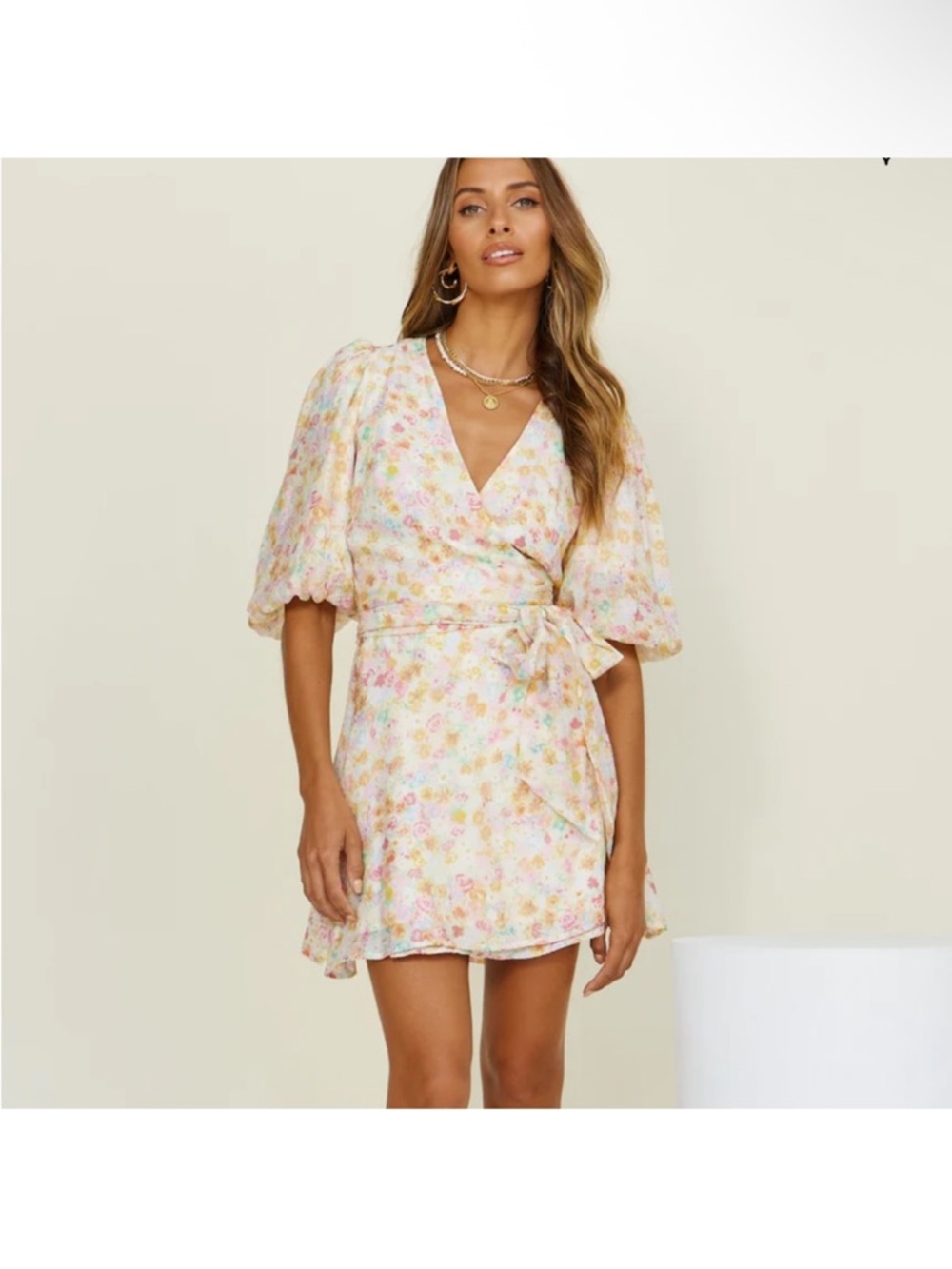 MINKPINK Pastel Floral Wrap Mini Dress in Pink, Yellow and Blue